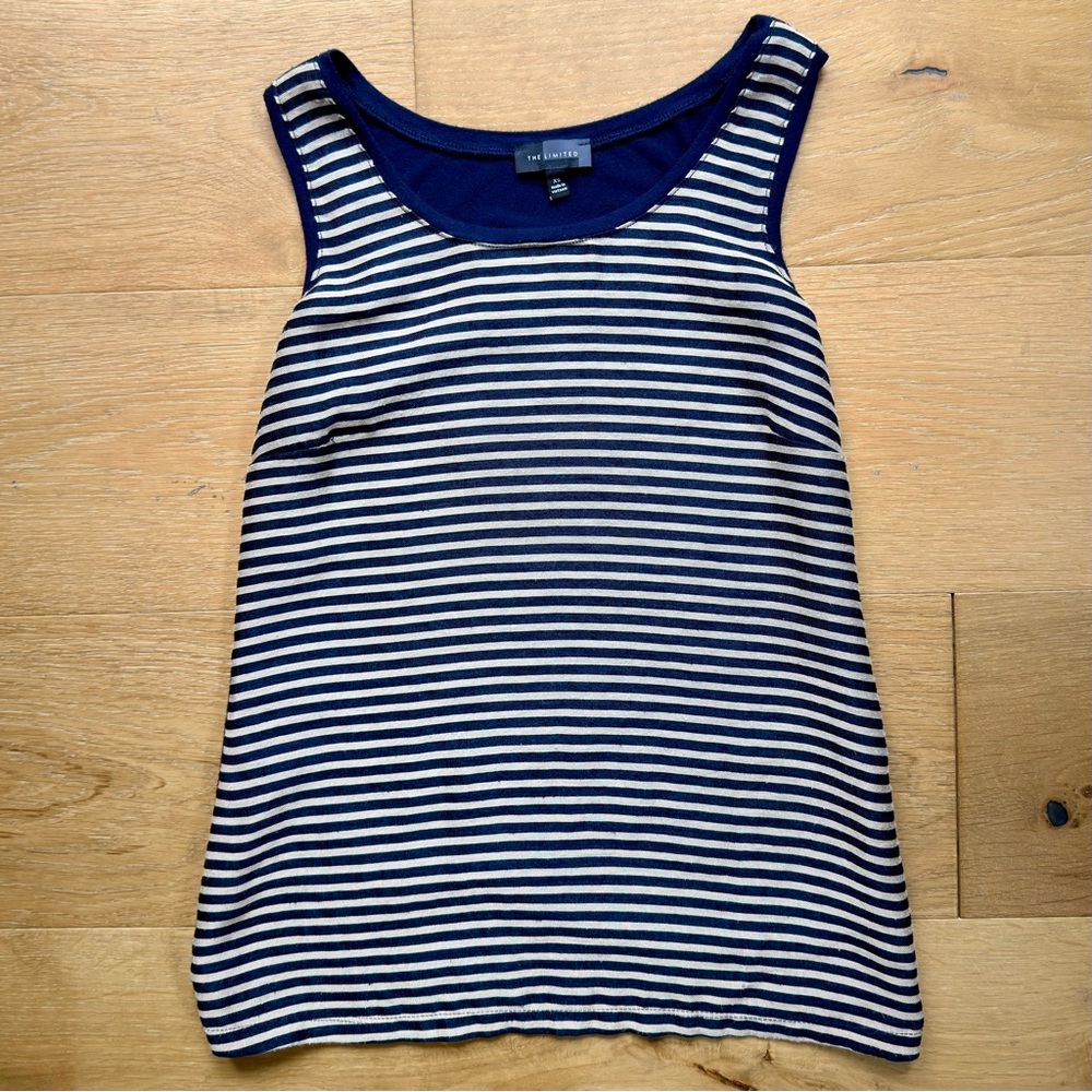 The Limited Mixed Media Striped Scoop Neck Tank Top Navy Blue Tan Neutral XS